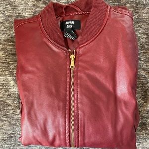 Red leather bomber jacket.
